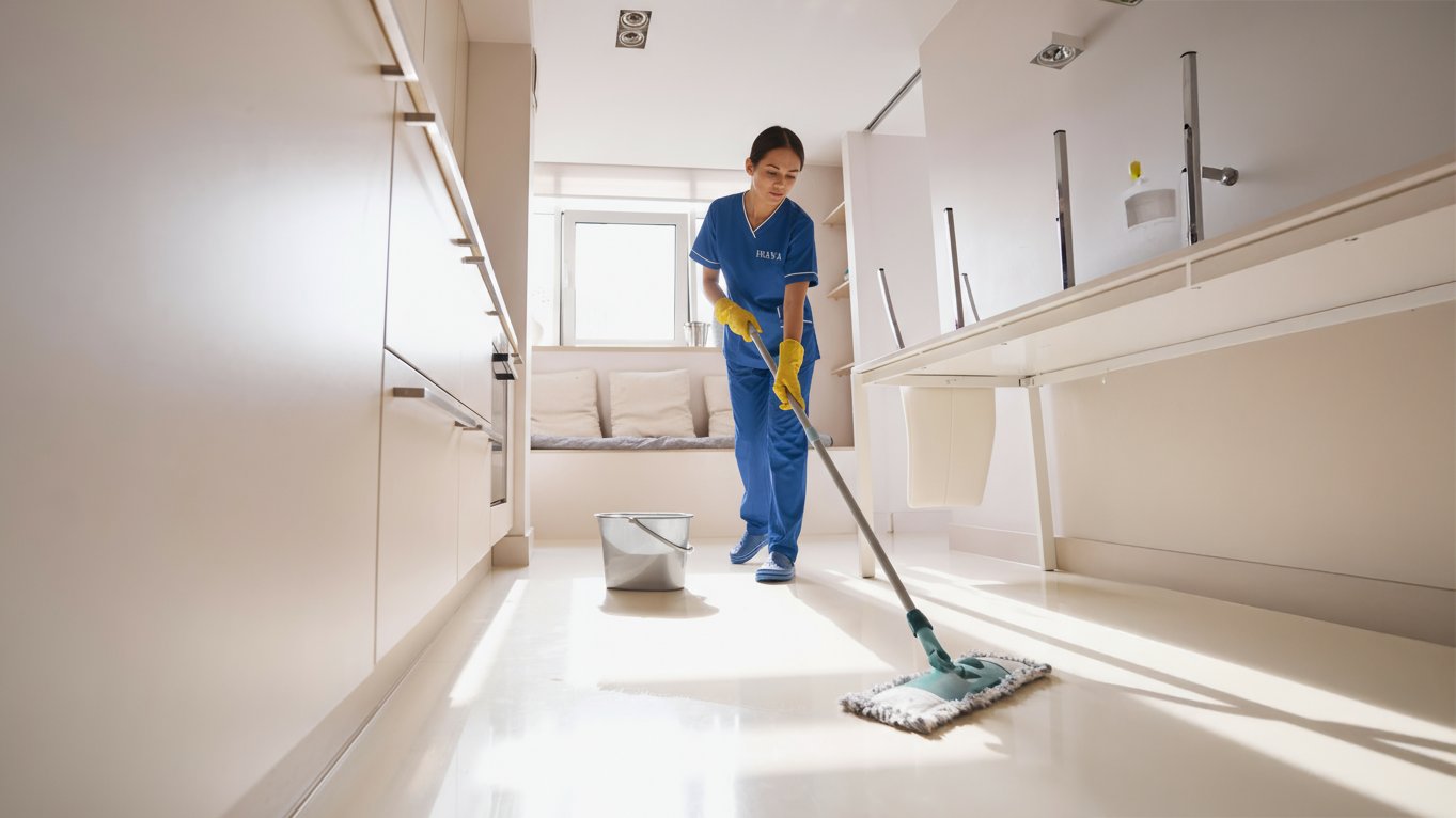 Mopping a hallway floor