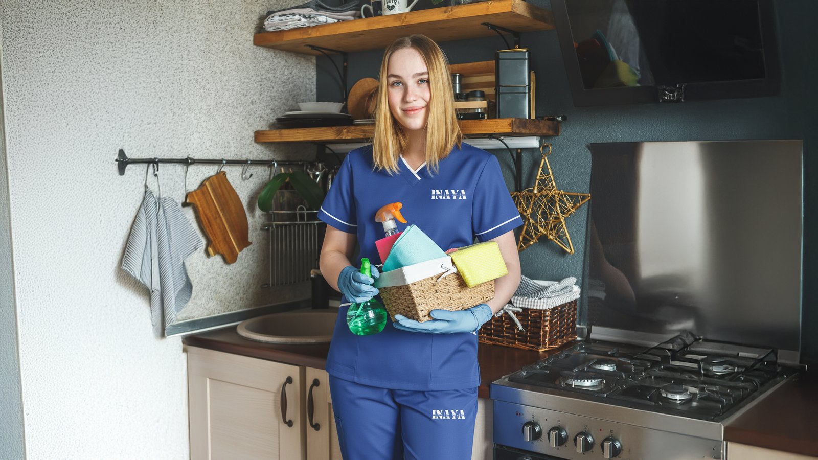 INAYA uniform with cleaning products