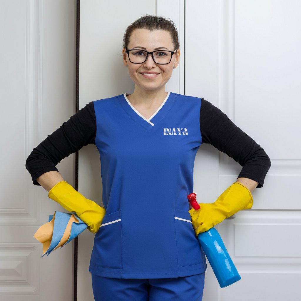 INAYA uniform with a duster and cleaning bottle
