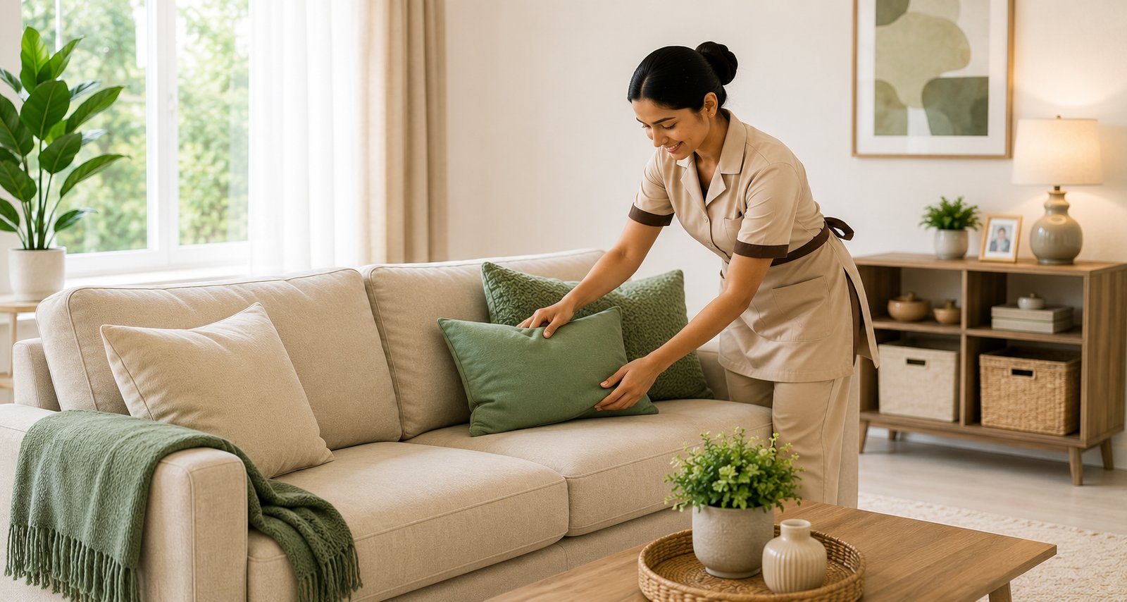 Arranging cushions and tidying a living room