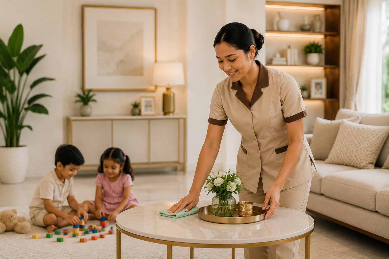 Cleaning a table while children play nearby