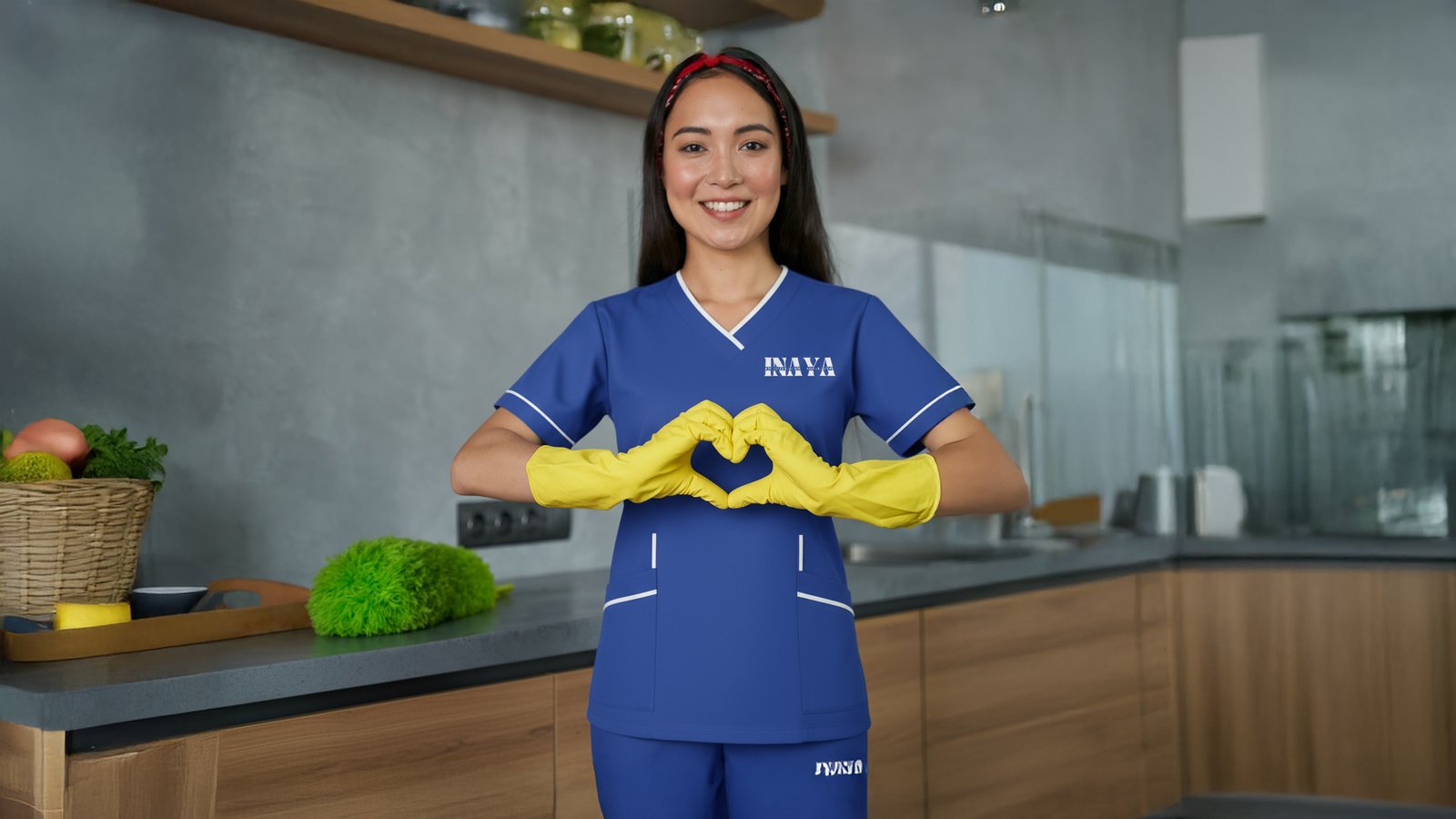 INAYA uniform and heart-shaped gloved hands