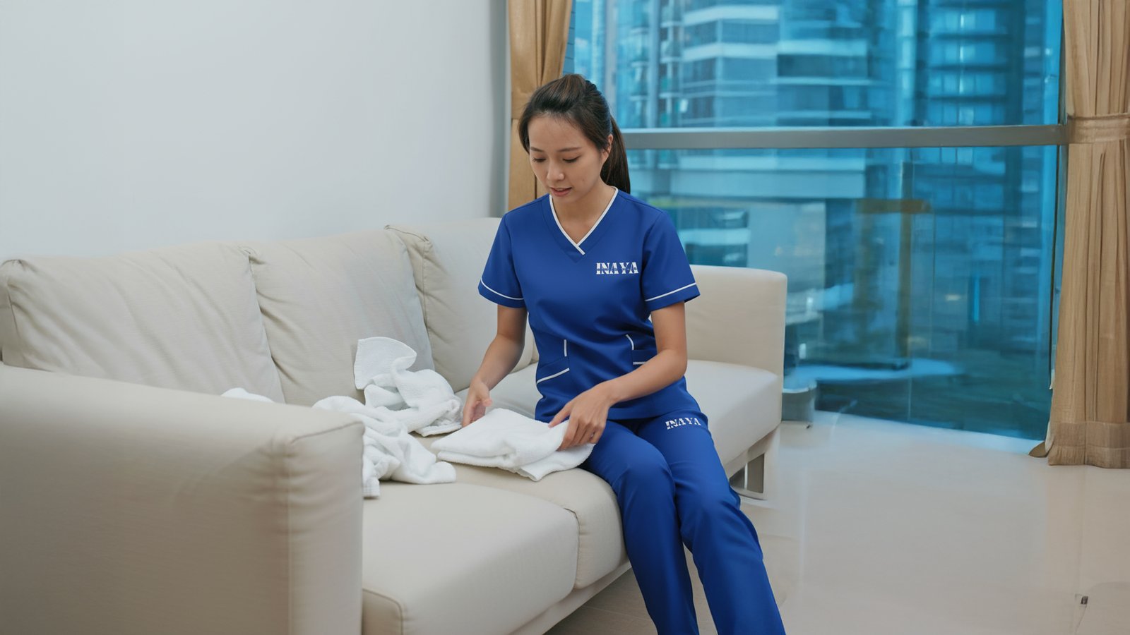 Folding household laundry beside a sofa