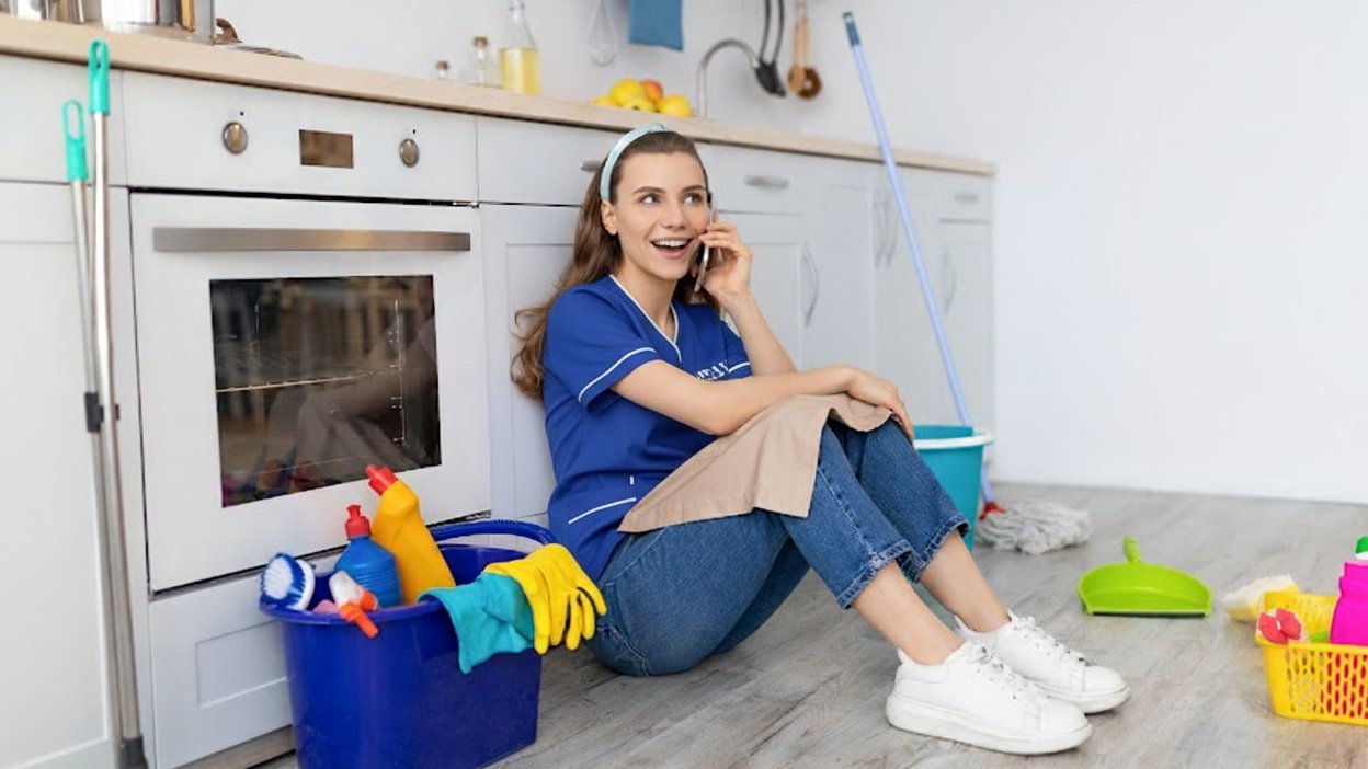 INAYA uniform surrounded by household cleaning supplies