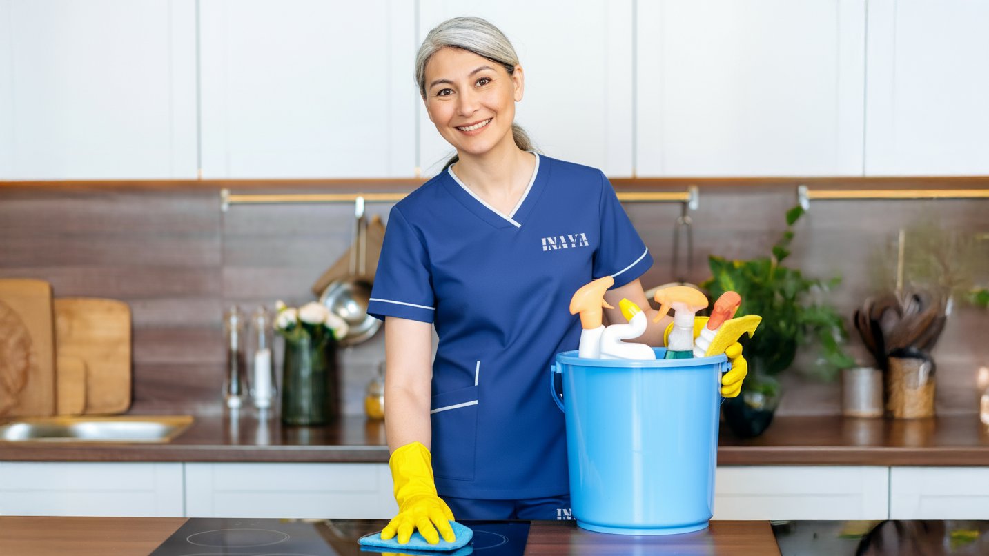 INAYA uniform with a bucket of cleaning products