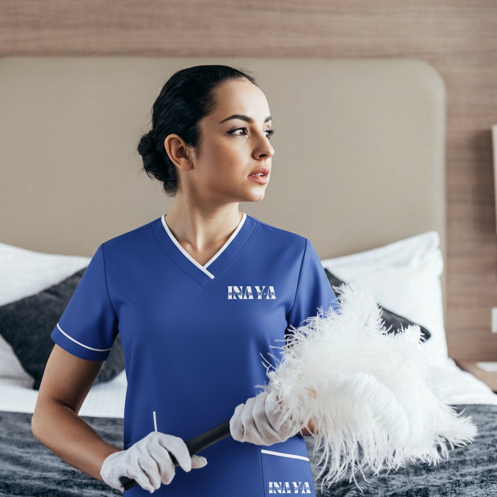 Dusting a home interior in an INAYA uniform