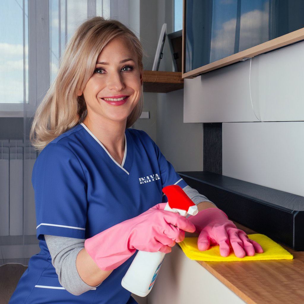 Wiping a kitchen worktop with a spray bottle