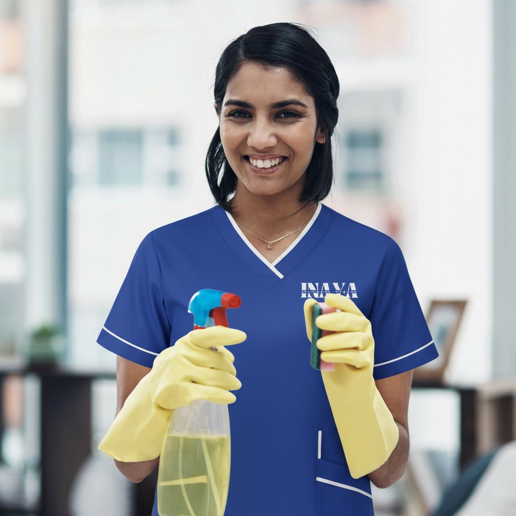 INAYA uniform with cleaning spray bottles