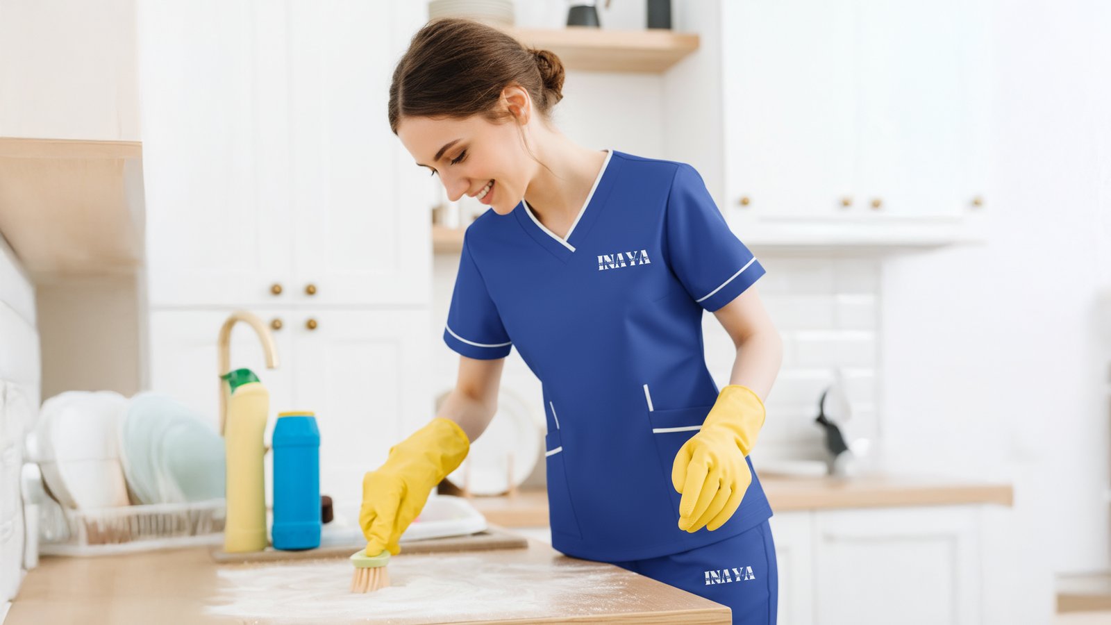 Wiping a kitchen worktop in an INAYA uniform