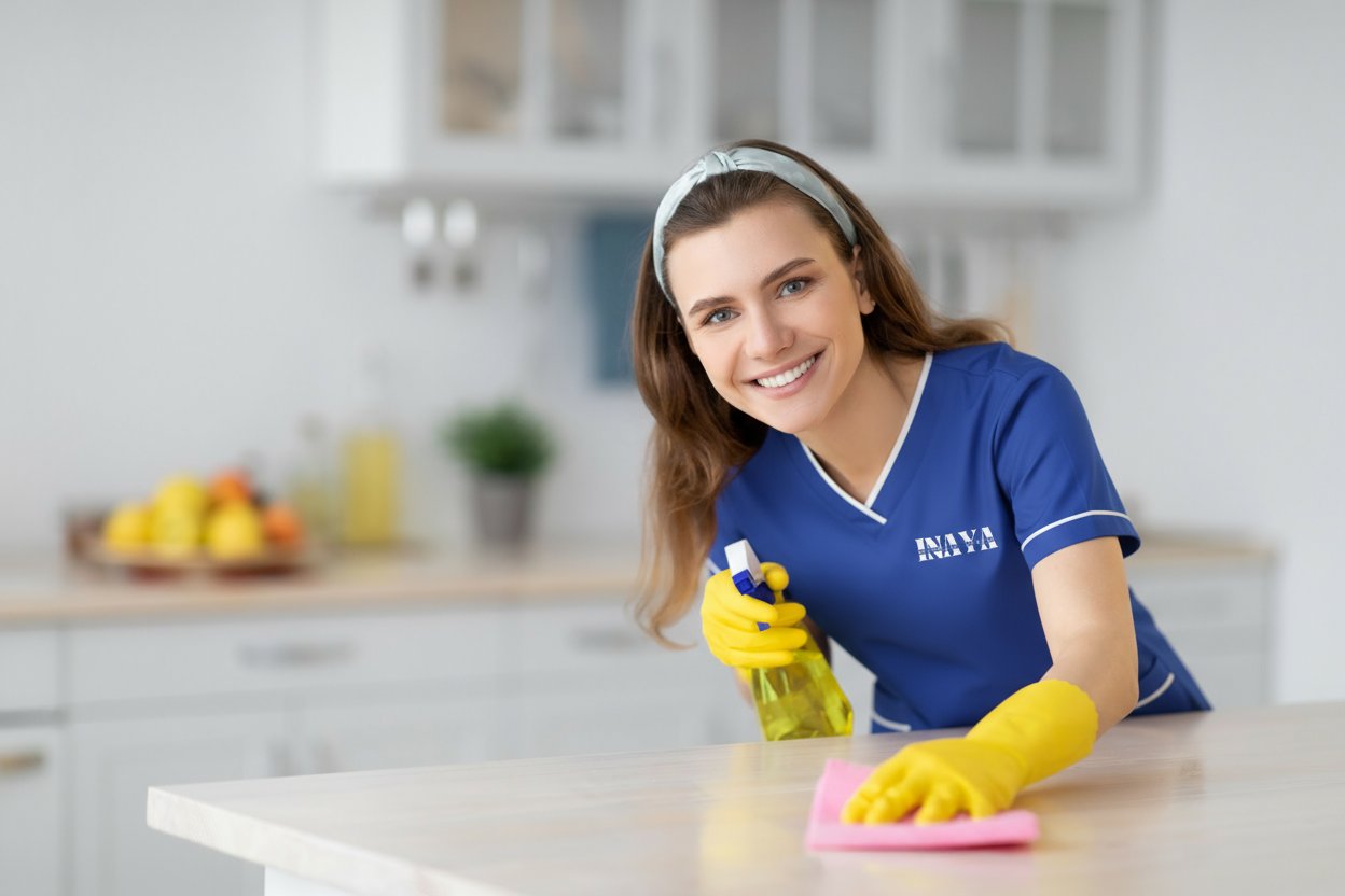 Wiping a kitchen table in an INAYA uniform