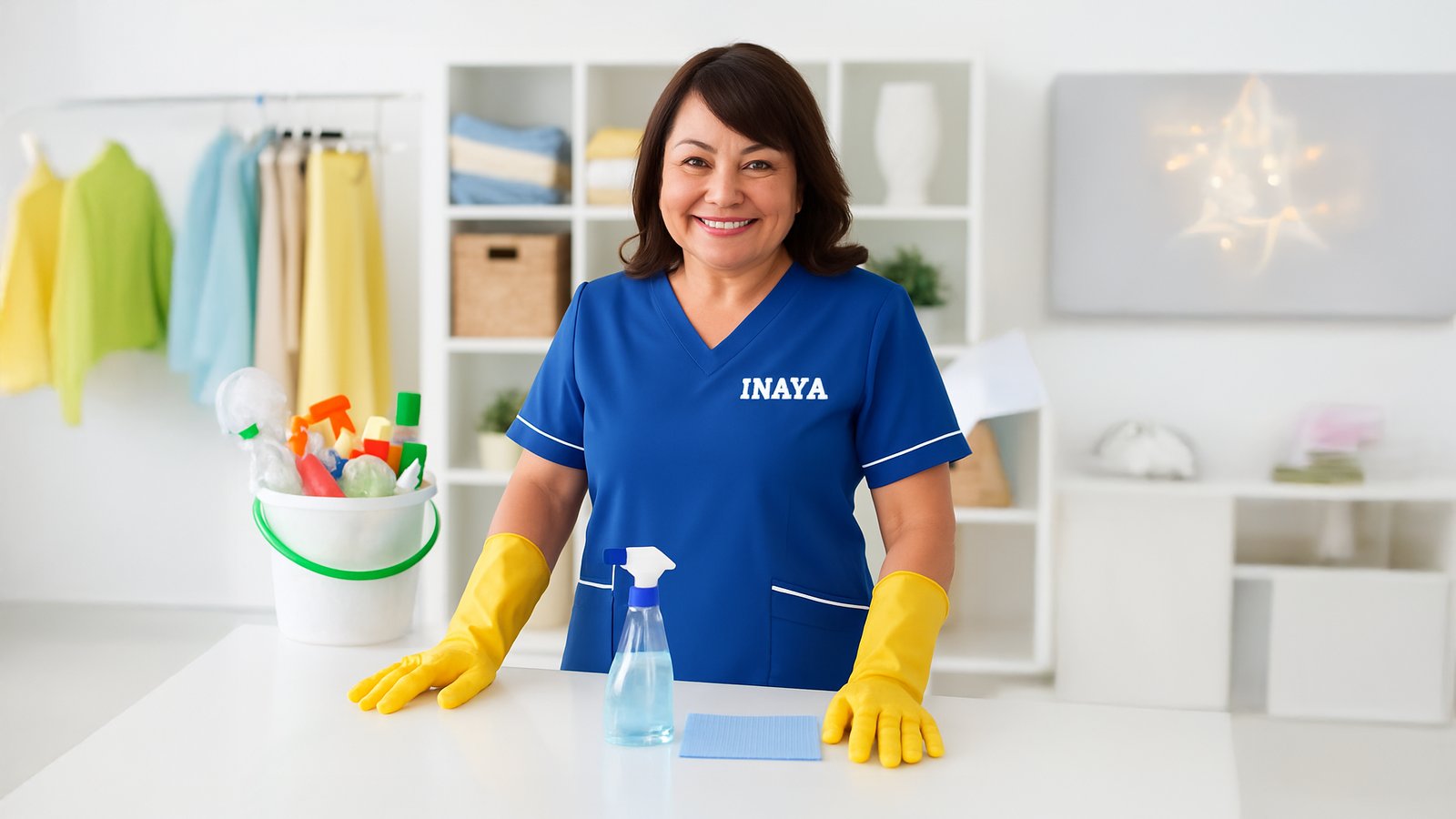 Household cleaning supplies beside an INAYA uniform