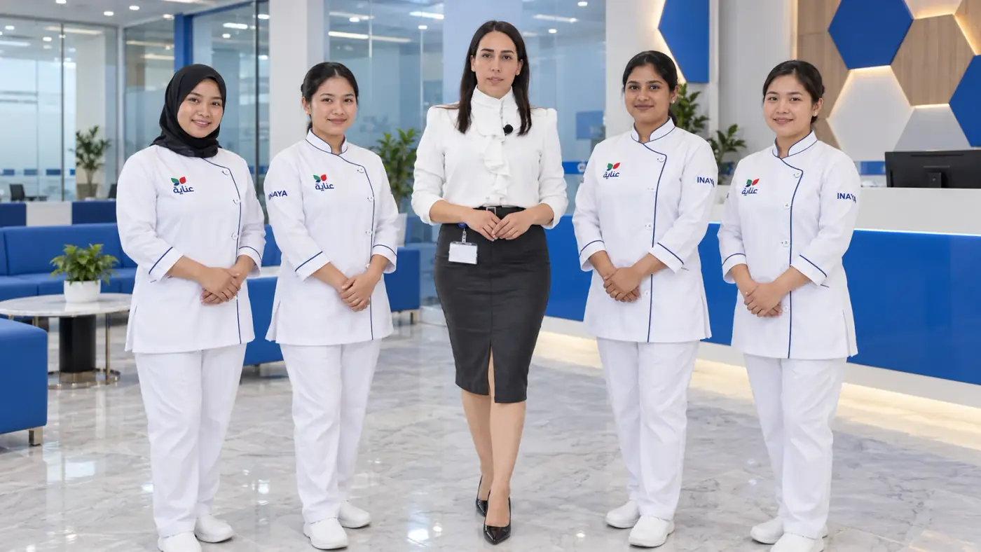 Four women in white INAYA uniforms beside a woman in office attire