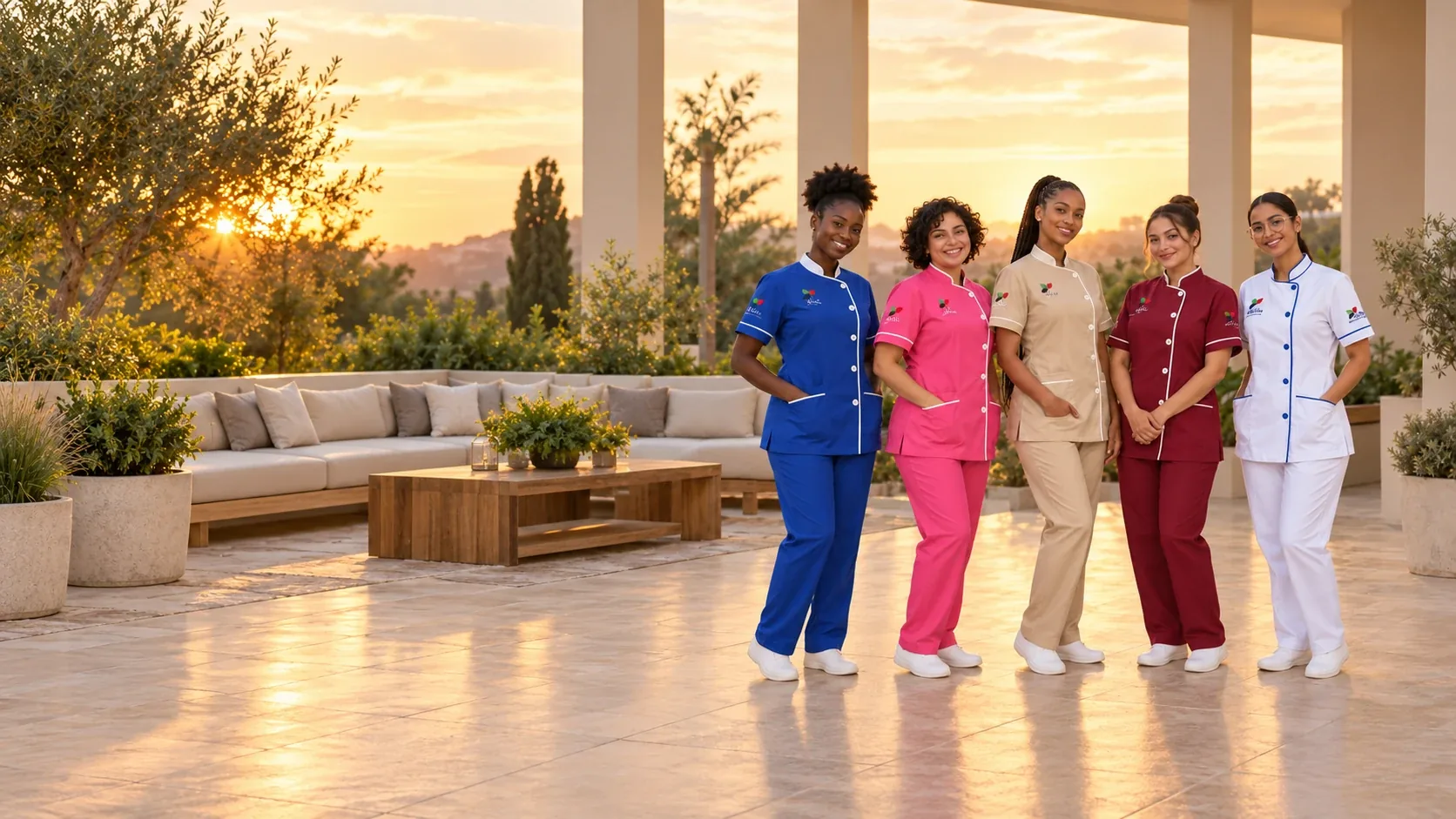 Five women in blue, pink, beige, maroon and white INAYA uniforms