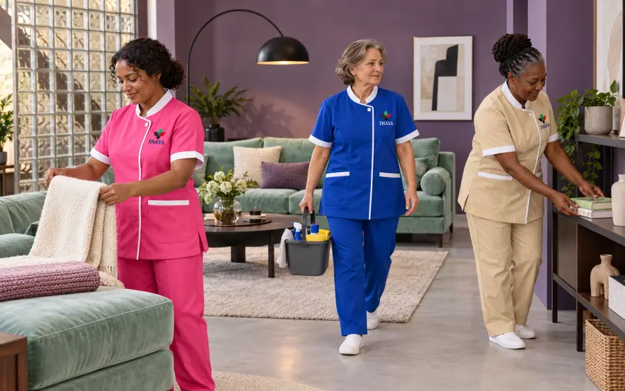 Workers in pink, blue and beige uniforms organising blankets and books at home