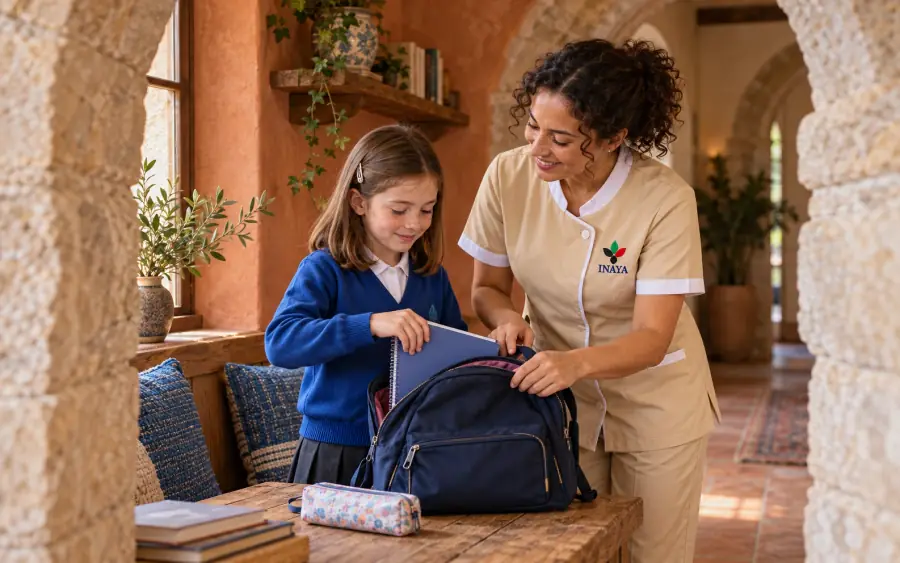 Nanny helping a child pack a school bag at a table