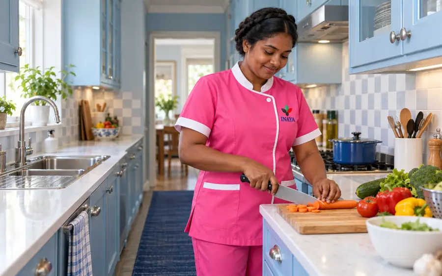 A worker in a pink uniform chopping vegetables in a home kitchen