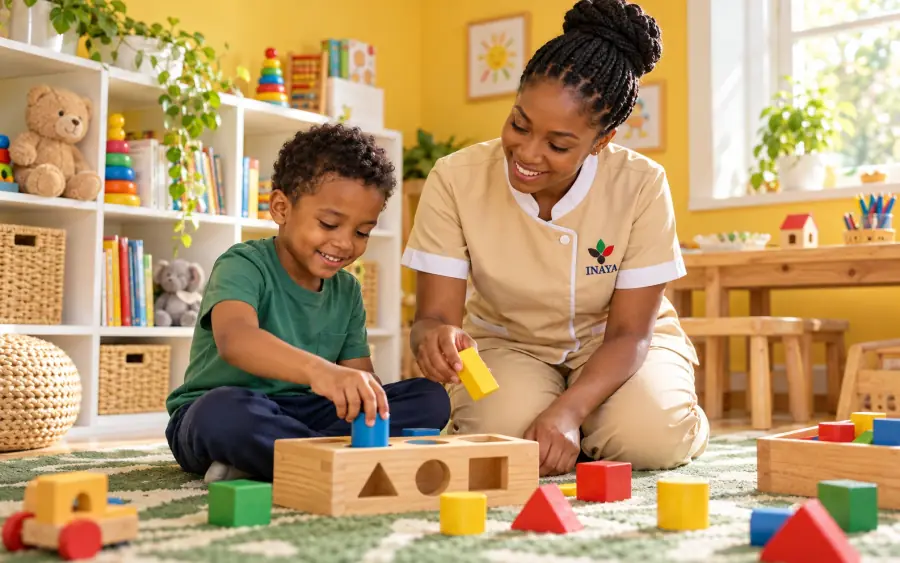 A nanny in a beige uniform playing with blocks beside a child