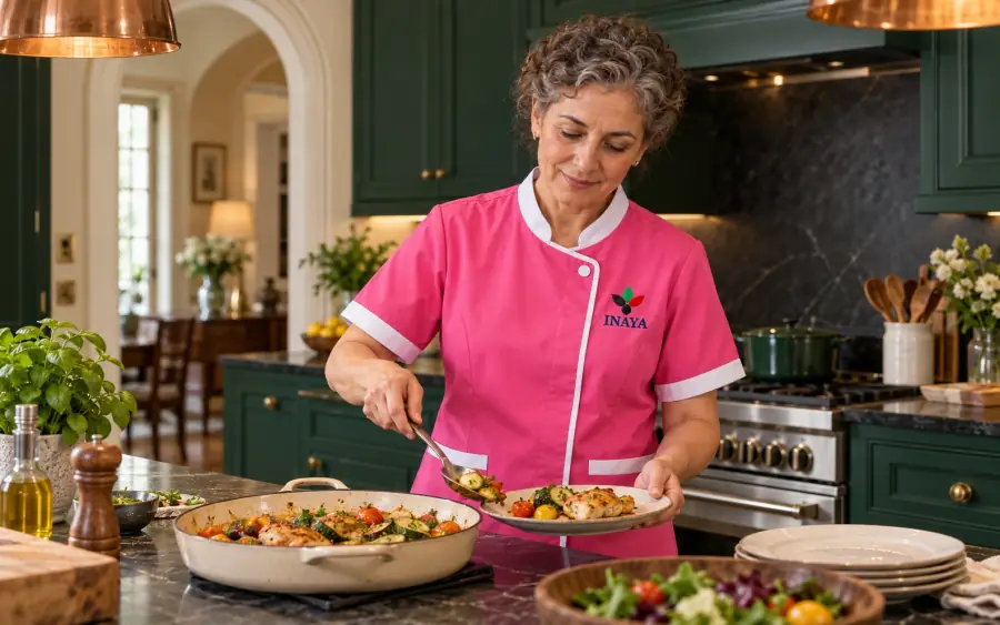 Household cook serving chicken and vegetables in a home kitchen