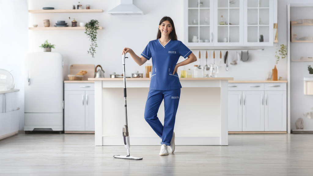 Professional maid cleaning a kitchen floor in Ajman home