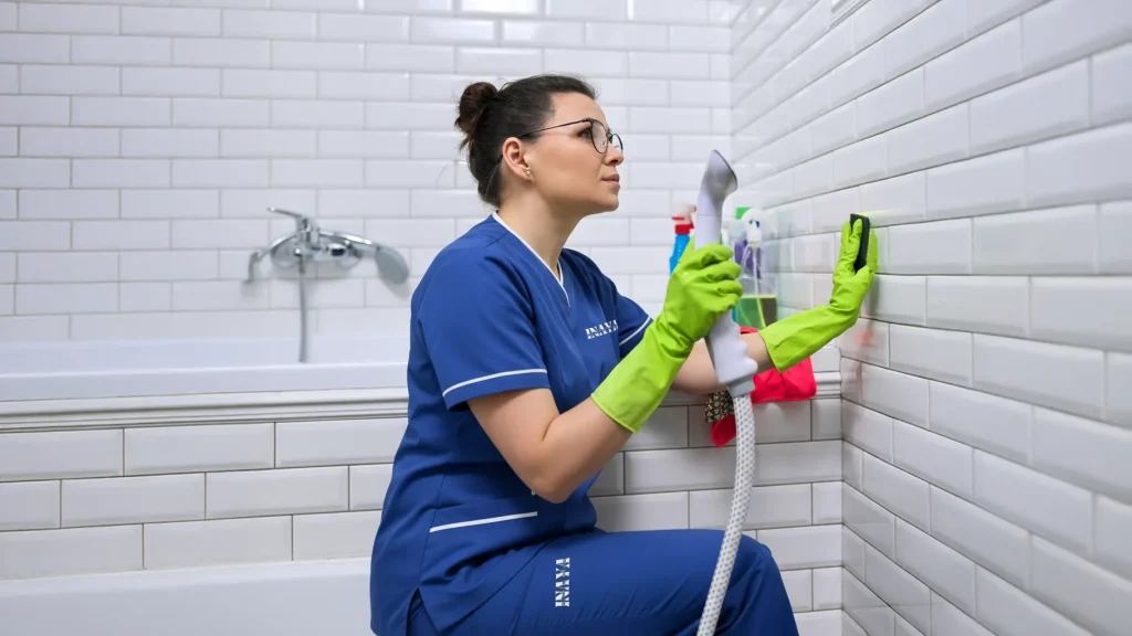 Maid mopping tiles with cleaning tools