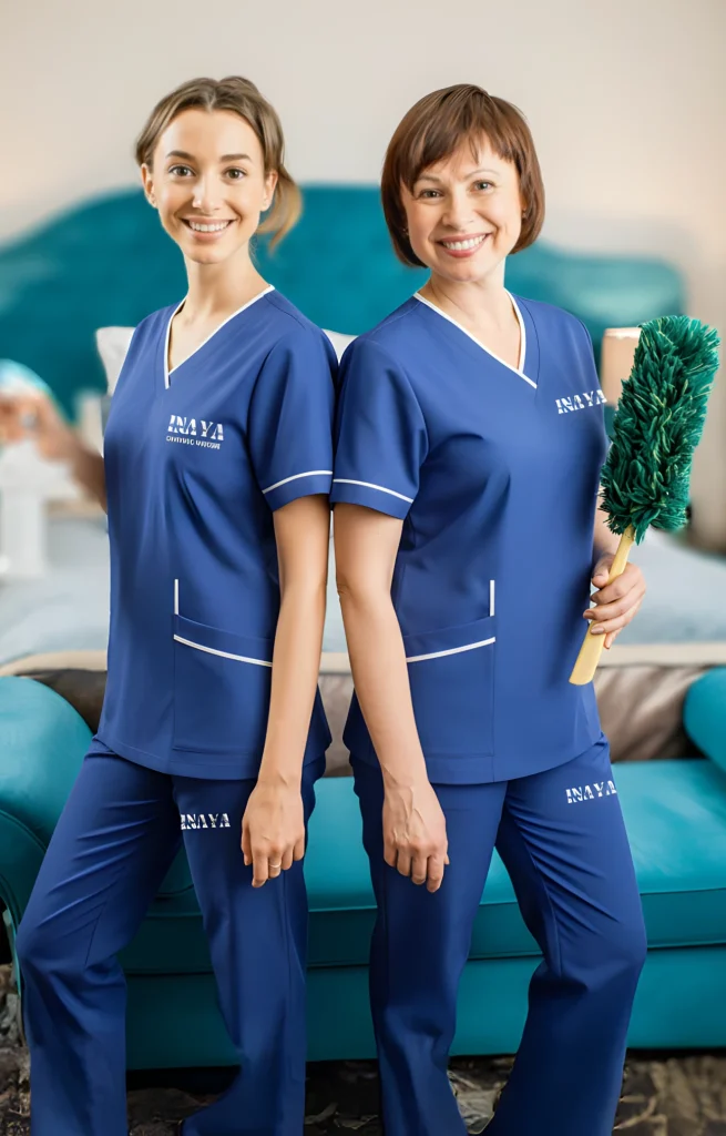 Two INAYA Domestic Workers standing with cleaning tools in Ajman home